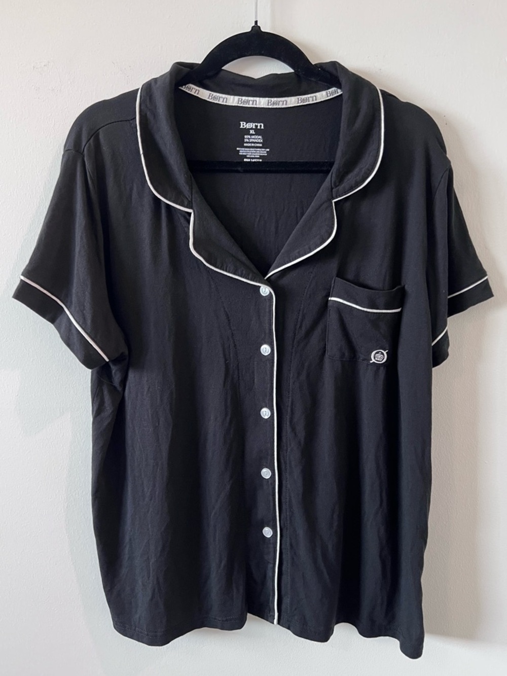 Born Black Button Front Sleep Shirt Size XL Classic White Piping